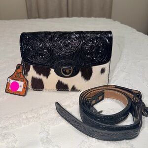 Black Tooled Leather & Cowhide Crossbody Bag
